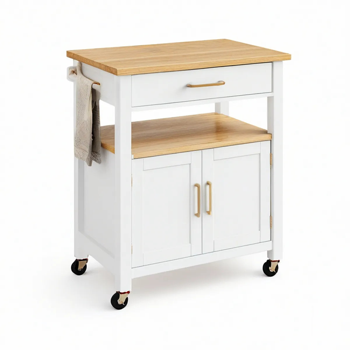 Carrinho de Cozinha Retangular em MDF e Madeira de Seringueira Branco e Natural 67 x 45 x 90 cm