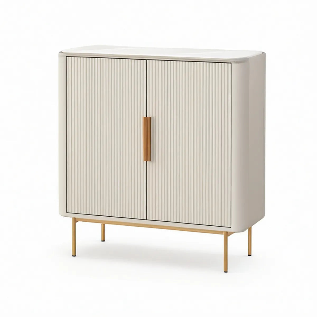 Aparador em MDF Lacado Bege com 2 Portas Caneladas e Pés Dourados, 80 x 40 x 90 cm