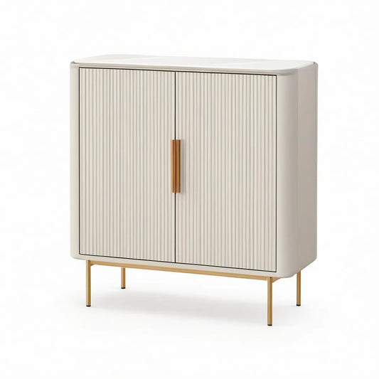 Aparador em MDF Lacado Bege com 2 Portas Caneladas e Pés Dourados, 80 x 40 x 90 cm