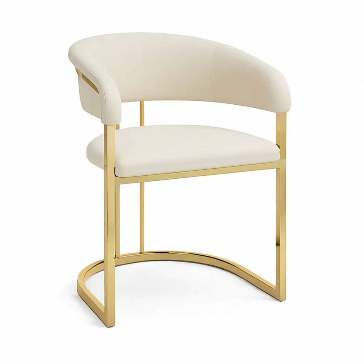 Cadeira Estofada com Braços Curvos 56 x 56 x 76 cm em Couro Sintético Branco Creme e Aço Inoxidável Dourado