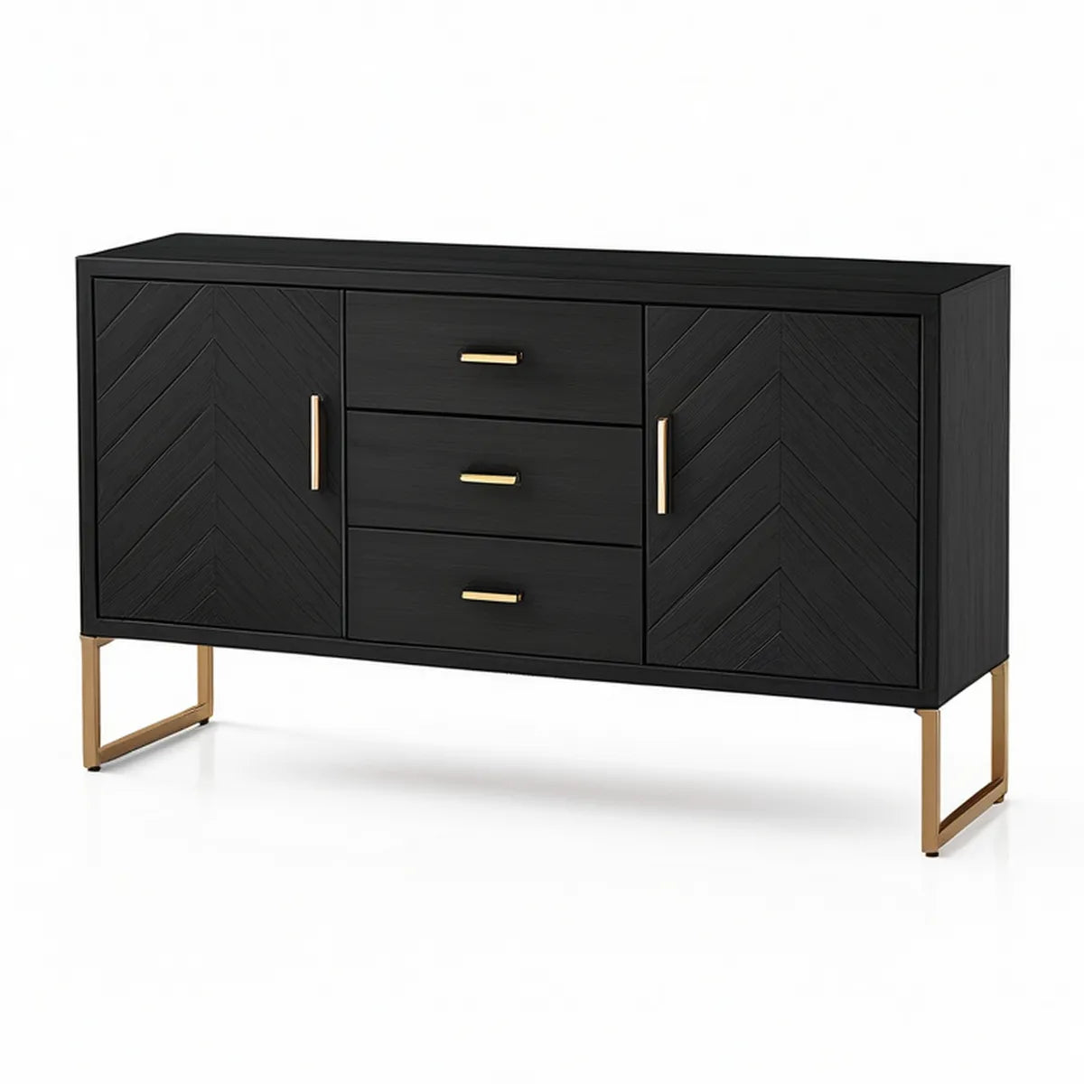 Aparador em MDF Preto e Dourado com 3 Gavetas e 2 Portas, 160 x 40 x 80 cm