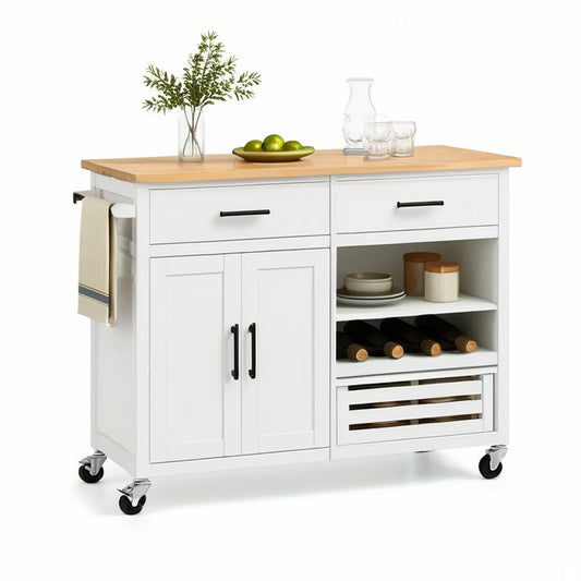Móvel de Cozinha Móvel com Arrumação 120 x 60 x 90 cm em MDF Branco e Tampo de Madeira Natural