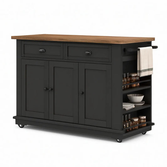 Ilha de Cozinha com Rodízios 132 x 76 x 91 cm em MDF Preto e Castanho