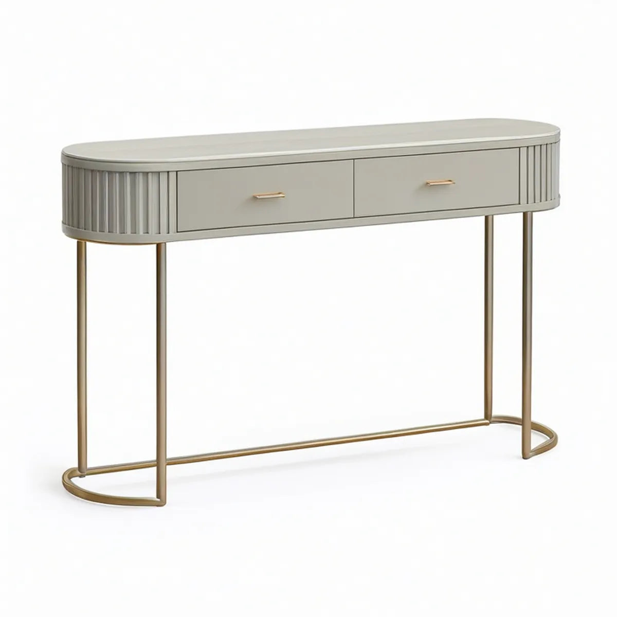 Consola Oval com 2 Gavetas em MDF Cinzento e Aço Dourado, 120 x 35 x 80 cm