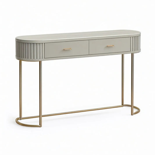 Consola Oval com 2 Gavetas em MDF Cinzento e Aço Dourado, 120 x 35 x 80 cm
