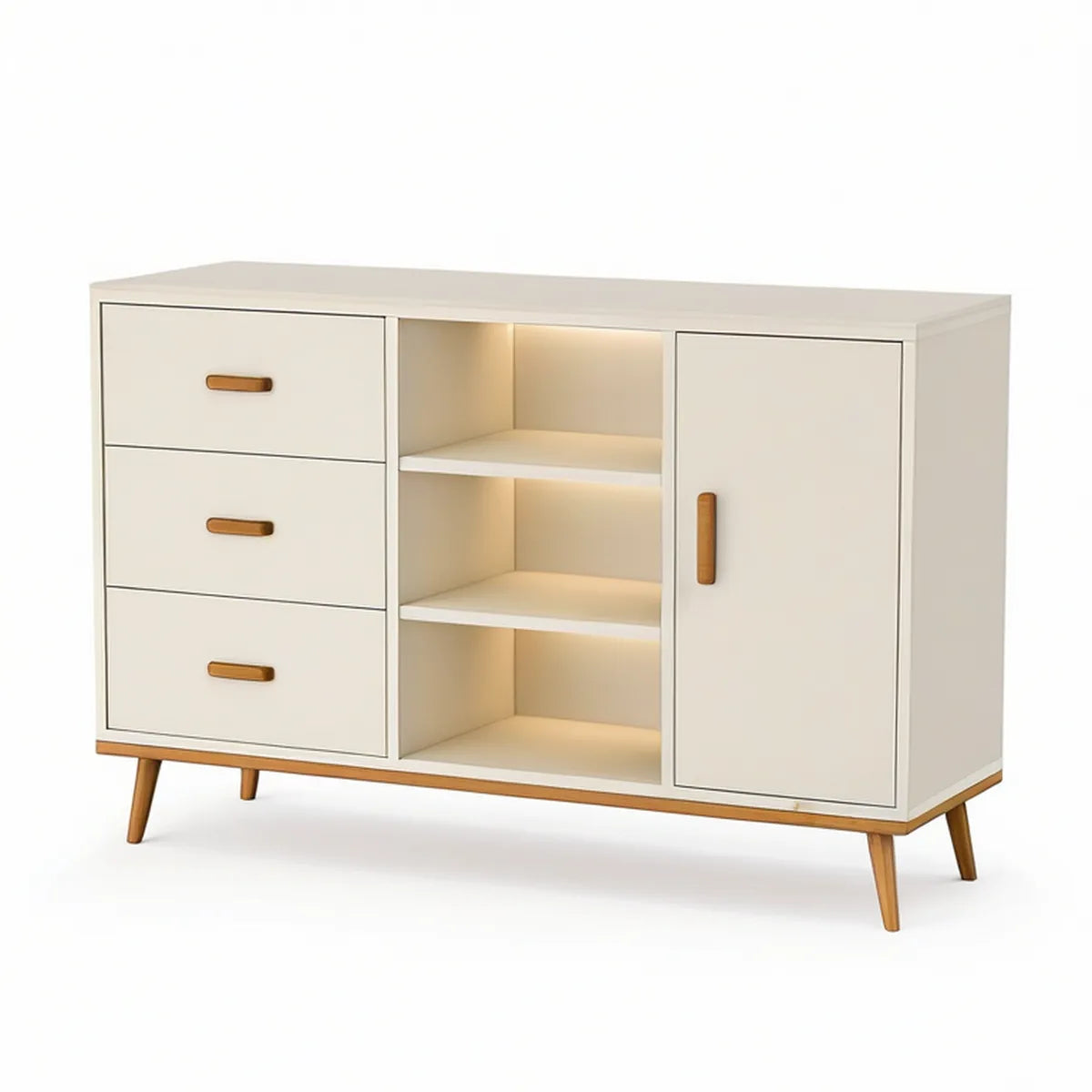 Aparador Retangular Branco e Castanho Natural em MDF com Iluminação LED, 120 x 40 x 90 cm