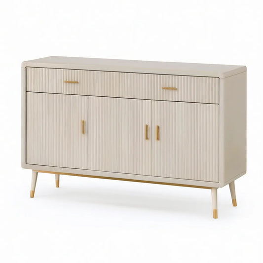 Aparador Retangular em MDF Lacado Bege Claro e Dourado com 3 Portas e 1 Gaveta, 120 x 40 x 85 cm