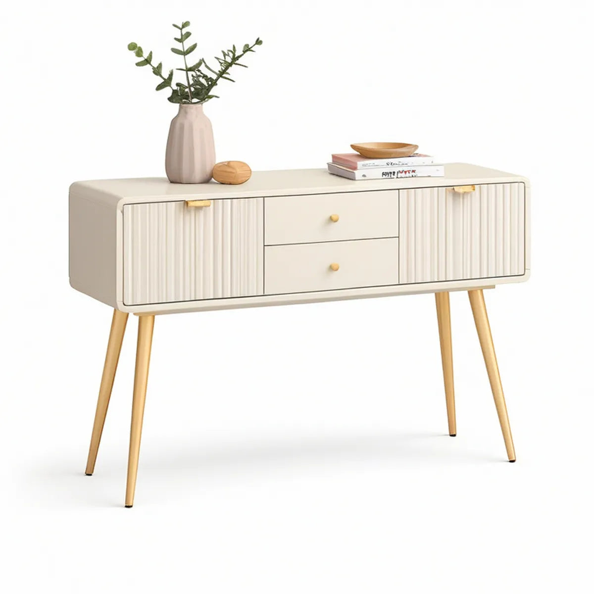 Aparador Retangular em MDF Creme com Pés em Madeira Maciça, 120 x 40 x 80 cm