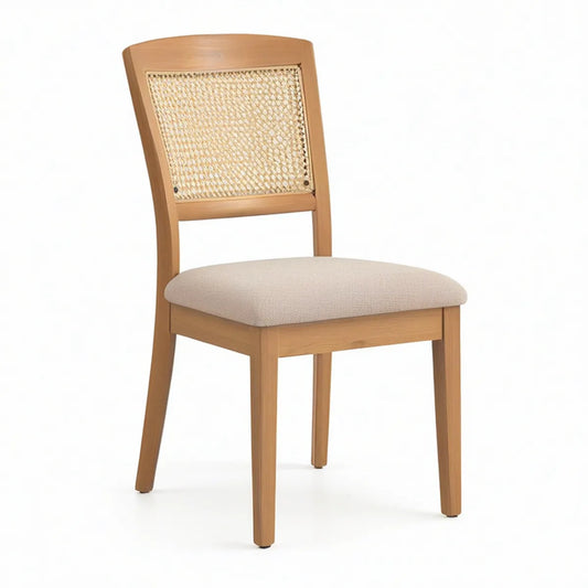 Cadeira de jantar em madeira maciça de faia com encosto em rattan e assento estofado bege, 46 x 55 x 84 cm