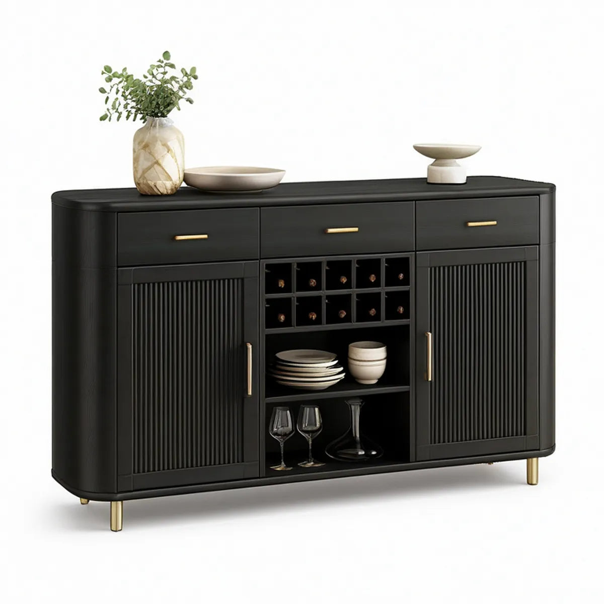 Aparador em MDF Preto e Dourado com 3 Gavetas, 2 Portas e Garrafeira, 160 x 40 x 90 cm