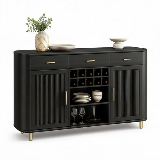 Aparador em MDF Preto e Dourado com 3 Gavetas, 2 Portas e Garrafeira, 160 x 40 x 90 cm