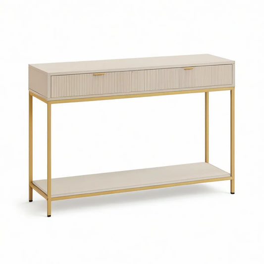 Consola Retangular com 2 Gavetas em MDF Bege e Aço Dourado, 100 x 35 x 80 cm
