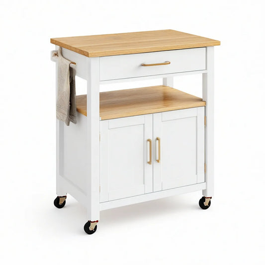 Carrinho de Cozinha Retangular em MDF e Madeira de Seringueira Branco e Natural 67 x 45 x 90 cm
